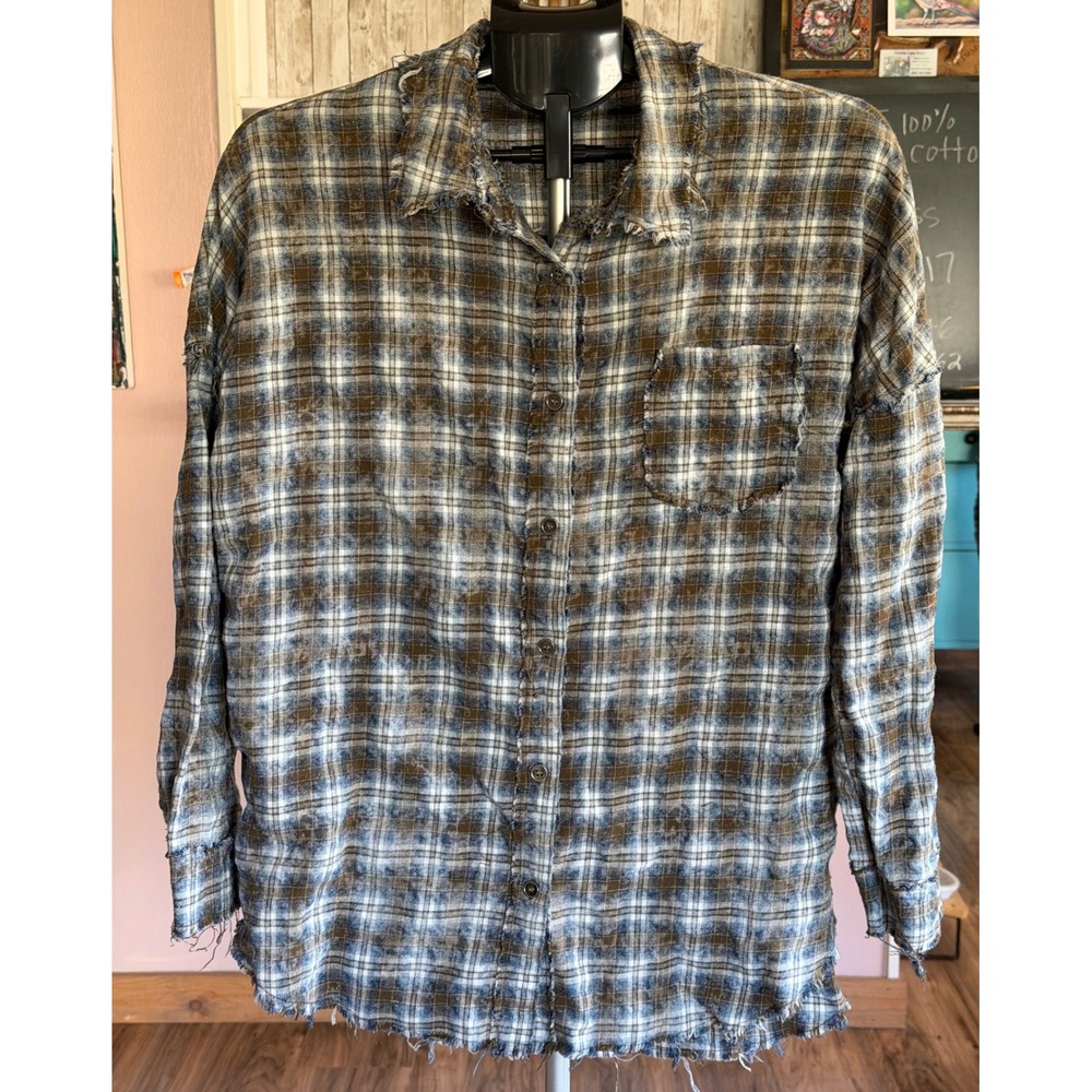 La Miel Womens Grunge Flannel Shirt Brown Blue Acid Wash Distressed Boho Small